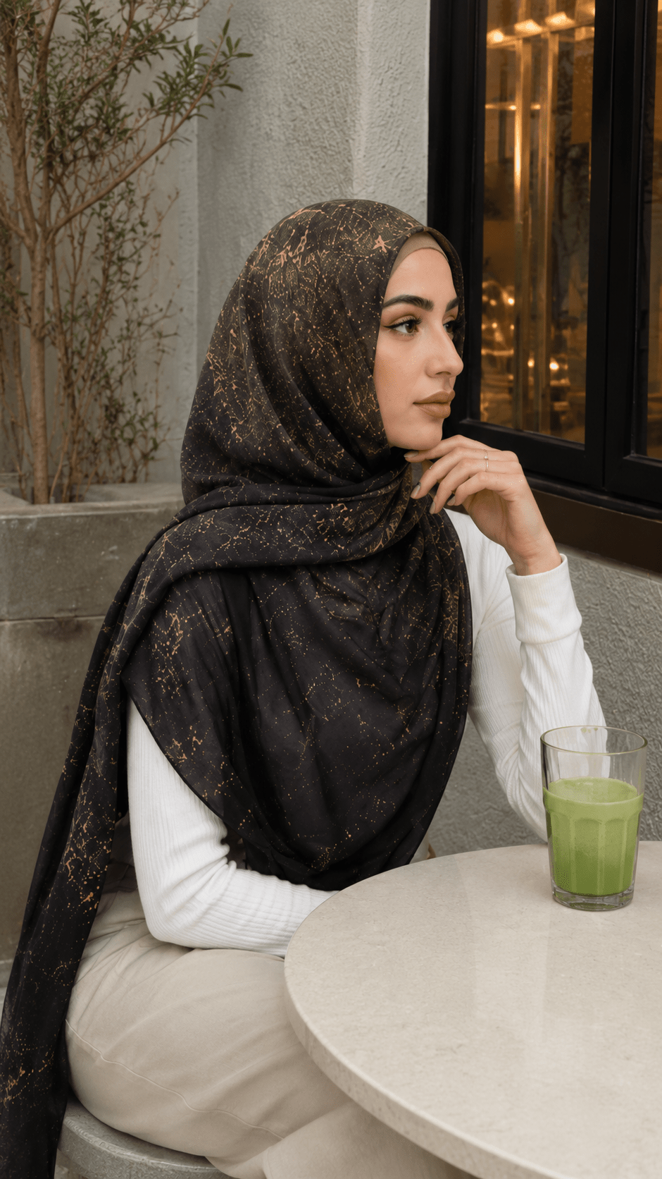 RY59 Olive Brown Gold Jacquard Floral Hijab Shawl – Metallic Shimmer Women's Head Scarf (80×180cm) - Raya
