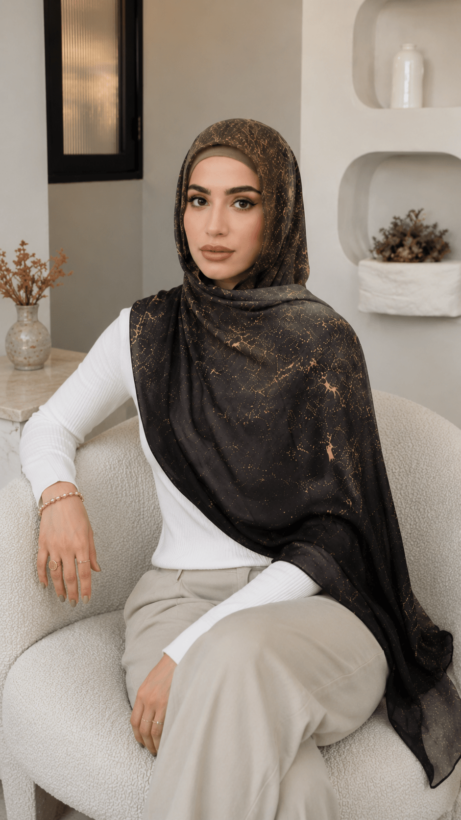 RY59 Olive Brown Gold Jacquard Floral Hijab Shawl – Metallic Shimmer Women's Head Scarf (80×180cm) - Raya
