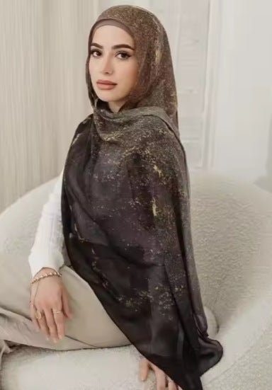 RY59 Olive Brown Gold Jacquard Floral Hijab Shawl – Metallic Shimmer Women's Head Scarf (80×180cm) - Raya