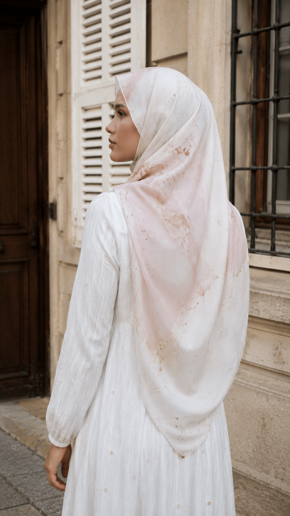 RY60 Ivory White Gold Stardust Hijab Shawl – Watercolor Speckle Women's Head Scarf (80×180cm) - Raya