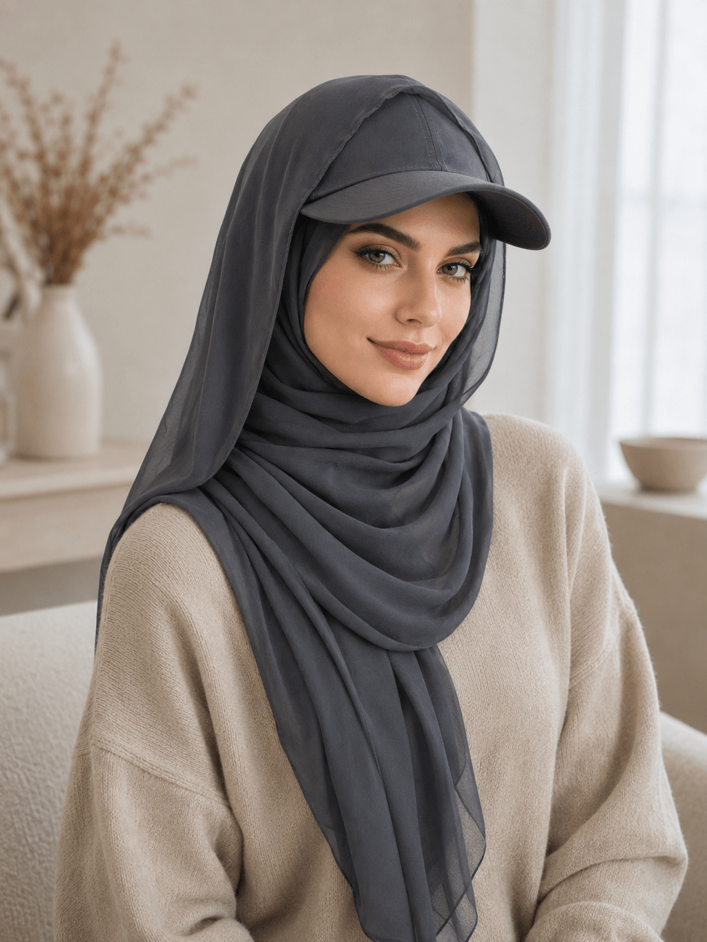 RY601 Charcoal Chiffon Hijab Baseball Cap – Sun Protection Scarf Hat - Raya
