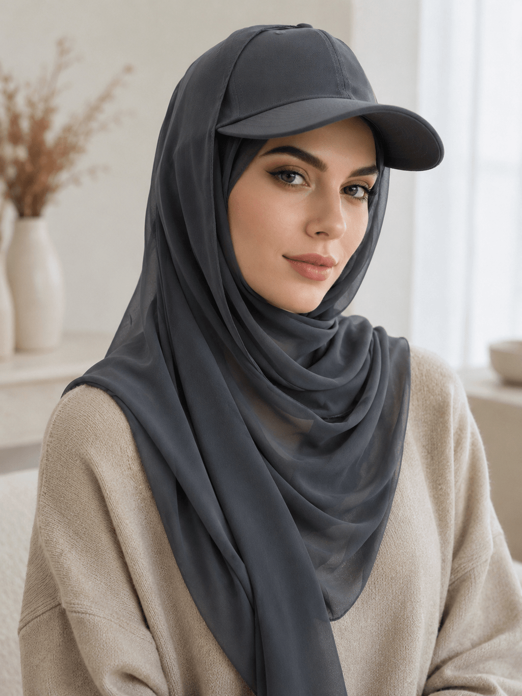 RY601 Charcoal Chiffon Hijab Baseball Cap – Sun Protection Scarf Hat - Raya