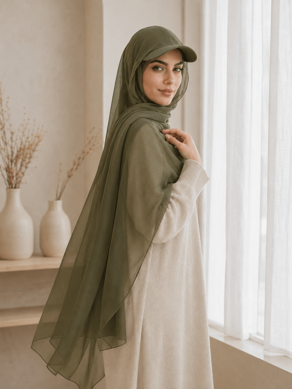 RY603 Olive Green Chiffon Hijab Baseball Cap – Lightweight Visor Scarf - Raya