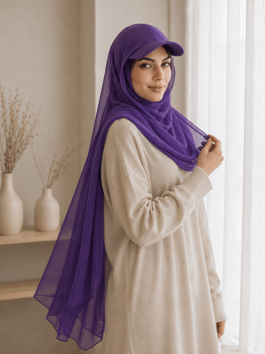 RY604 Deep Purple Chiffon Hijab Baseball Cap – Lightweight Visor Scarf Hat for Women - Raya