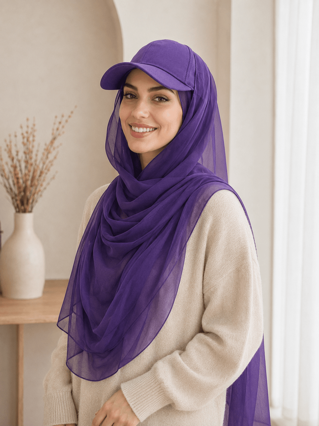 RY604 Deep Purple Chiffon Hijab Baseball Cap – Lightweight Visor Scarf Hat for Women - Raya