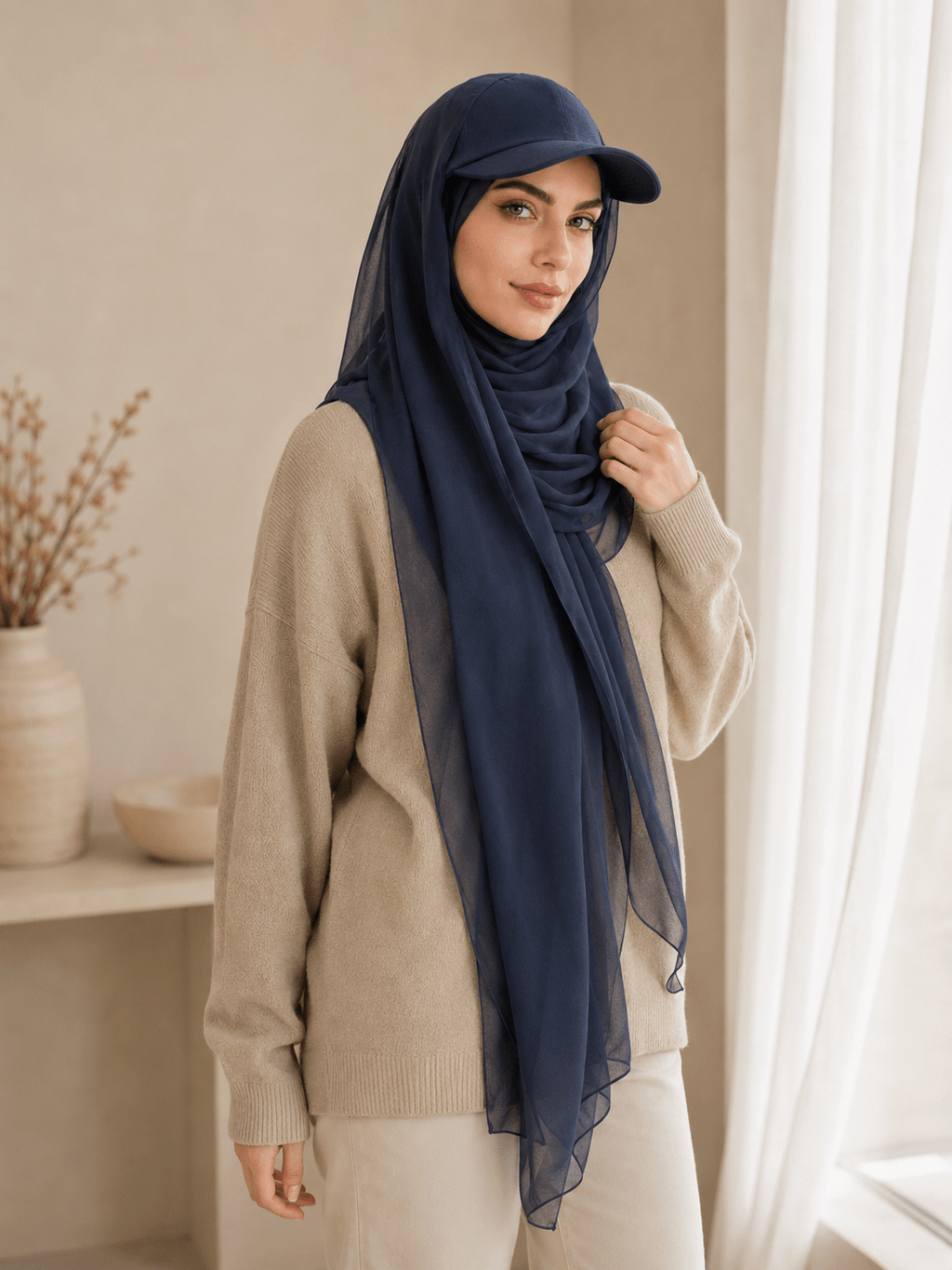RY605 Navy Blue Chiffon Hijab Baseball Cap – Lightweight Visor Scarf - Raya