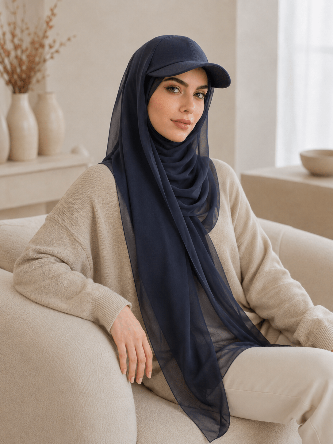 RY605 Navy Blue Chiffon Hijab Baseball Cap – Lightweight Visor Scarf - Raya