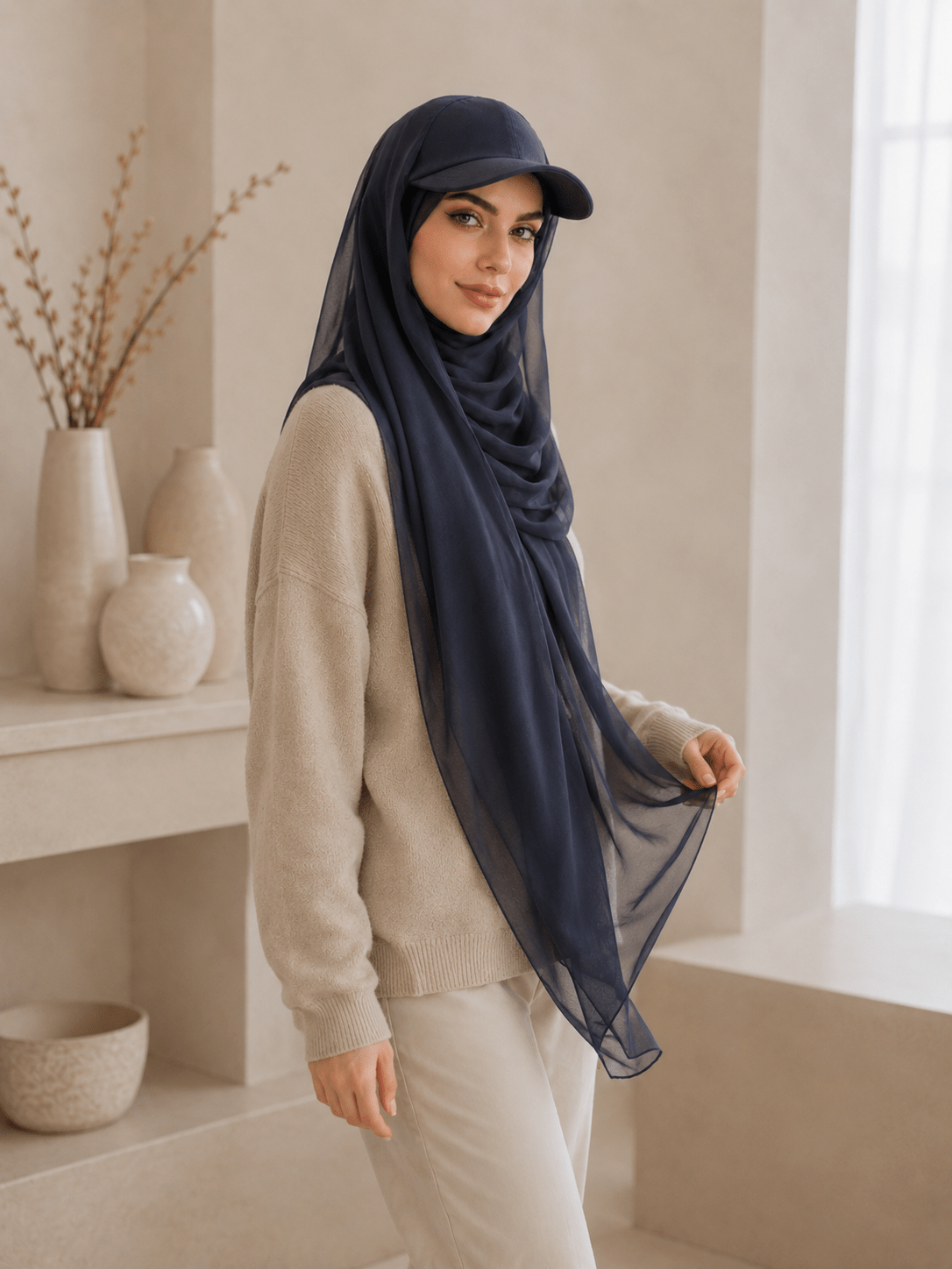 RY605 Navy Blue Chiffon Hijab Baseball Cap – Lightweight Visor Scarf - Raya