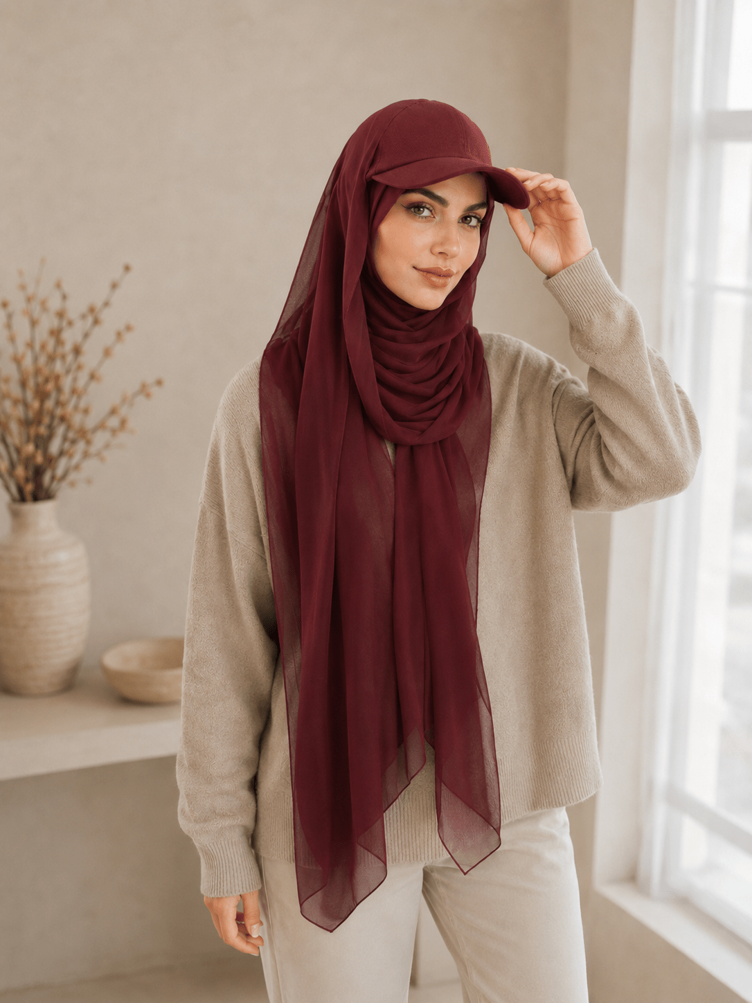 RY606 Burgundy Chiffon Hijab Baseball Cap – Lightweight Visor Scarf Hat for Women - Raya