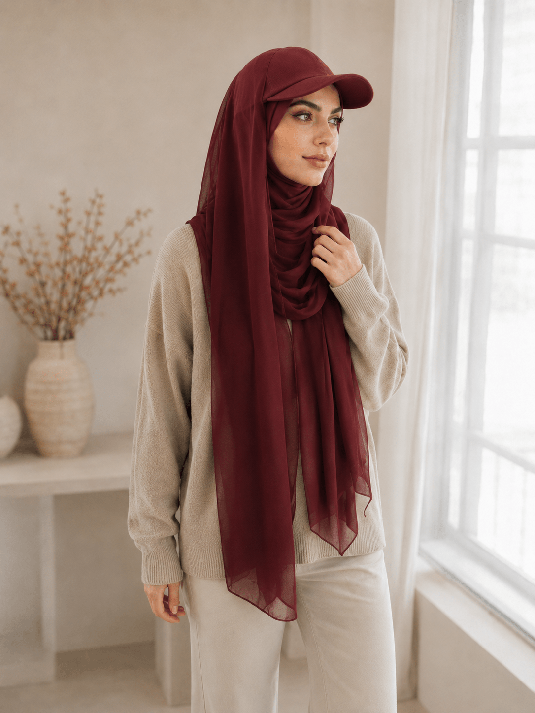 RY606 Burgundy Chiffon Hijab Baseball Cap – Lightweight Visor Scarf Hat for Women - Raya
