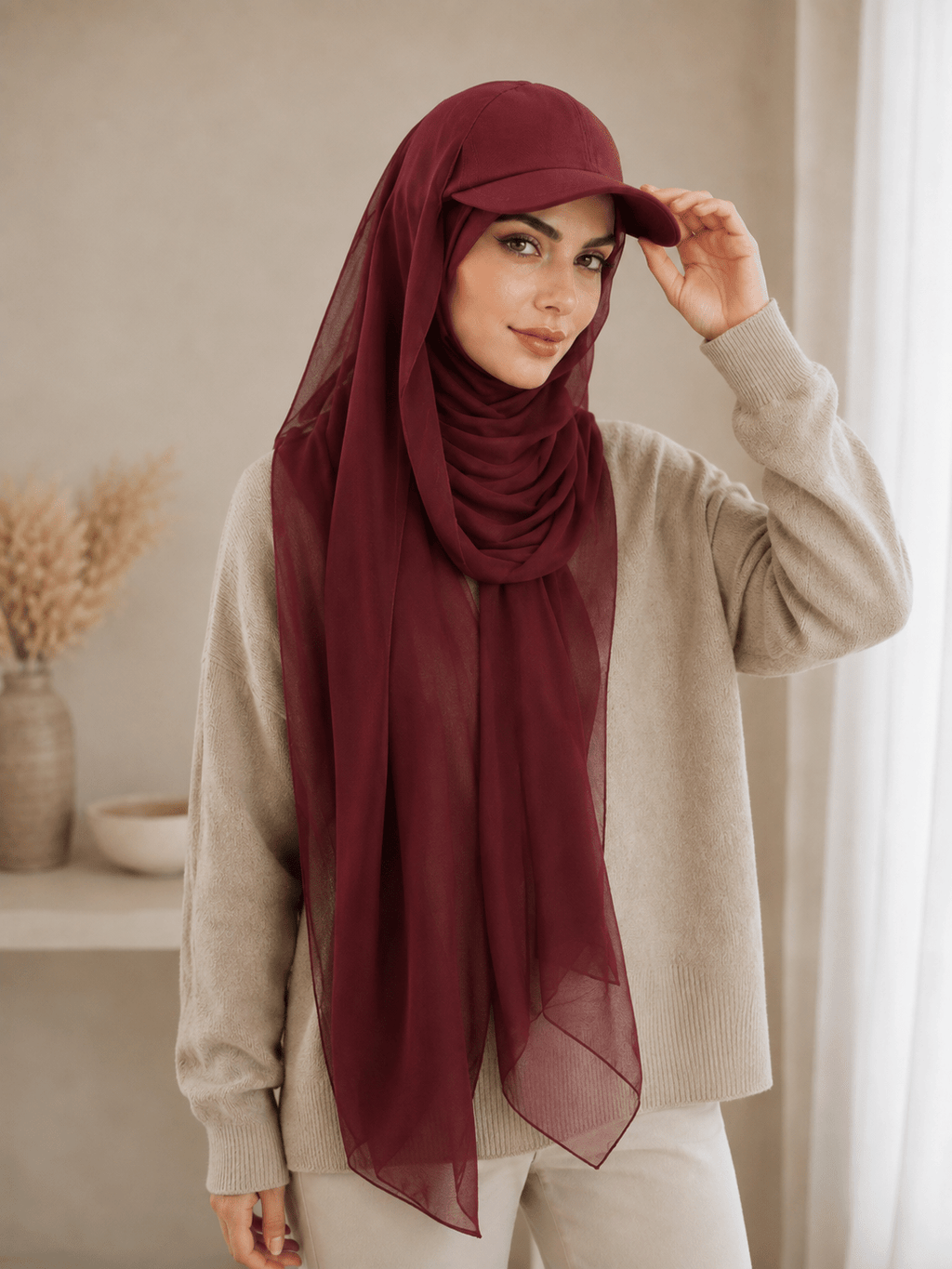 RY606 Burgundy Chiffon Hijab Baseball Cap – Lightweight Visor Scarf Hat for Women - Raya