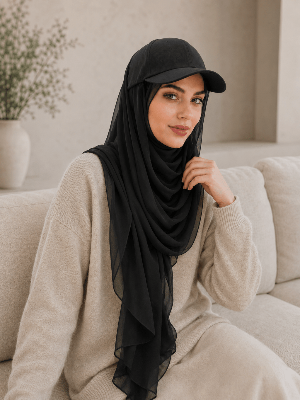 RY609 Black Hat Brim Chiffon Hijab – Women's Baseball Cap Style Ready To Wear Headscarf - Raya