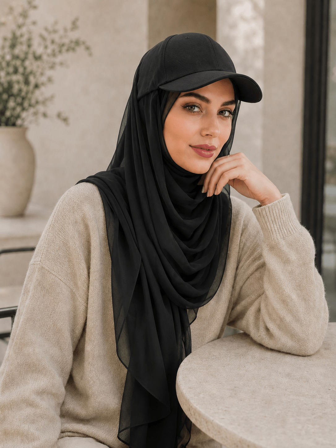 RY609 Black Hat Brim Chiffon Hijab – Women's Baseball Cap Style Ready To Wear Headscarf - Raya