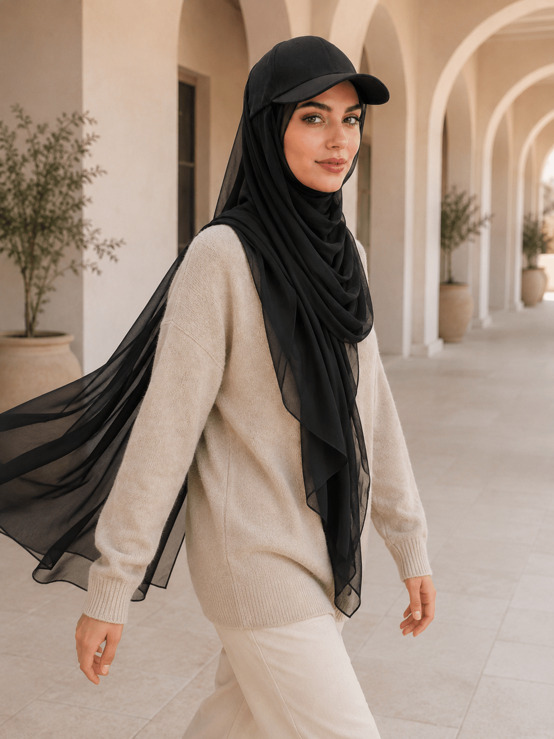 RY609 Black Hat Brim Chiffon Hijab – Women's Baseball Cap Style Ready To Wear Headscarf - Raya