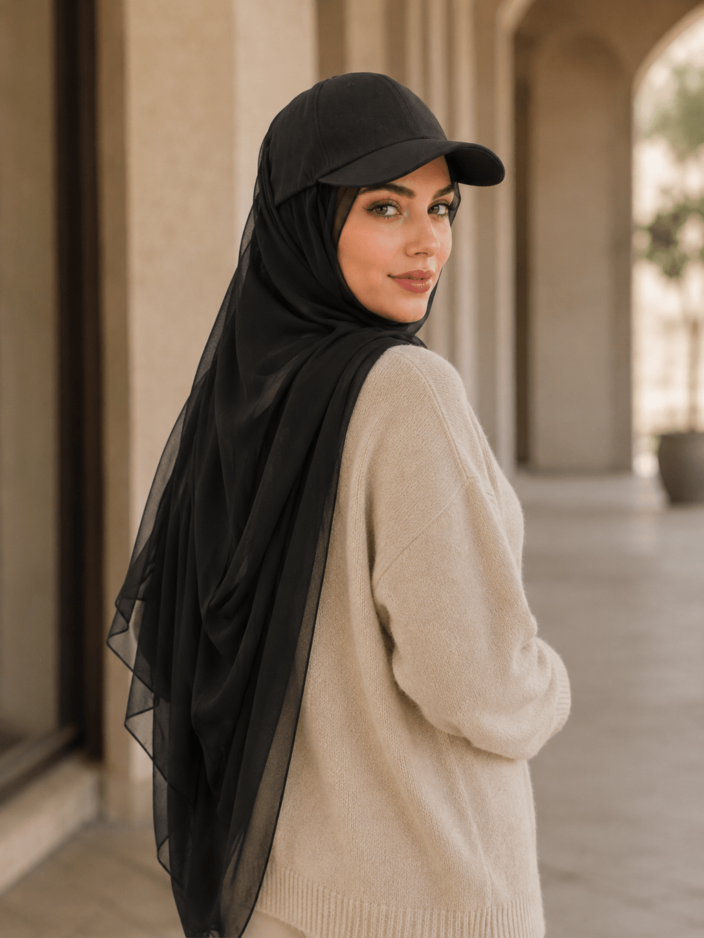 RY609 Black Hat Brim Chiffon Hijab – Women's Baseball Cap Style Ready To Wear Headscarf - Raya
