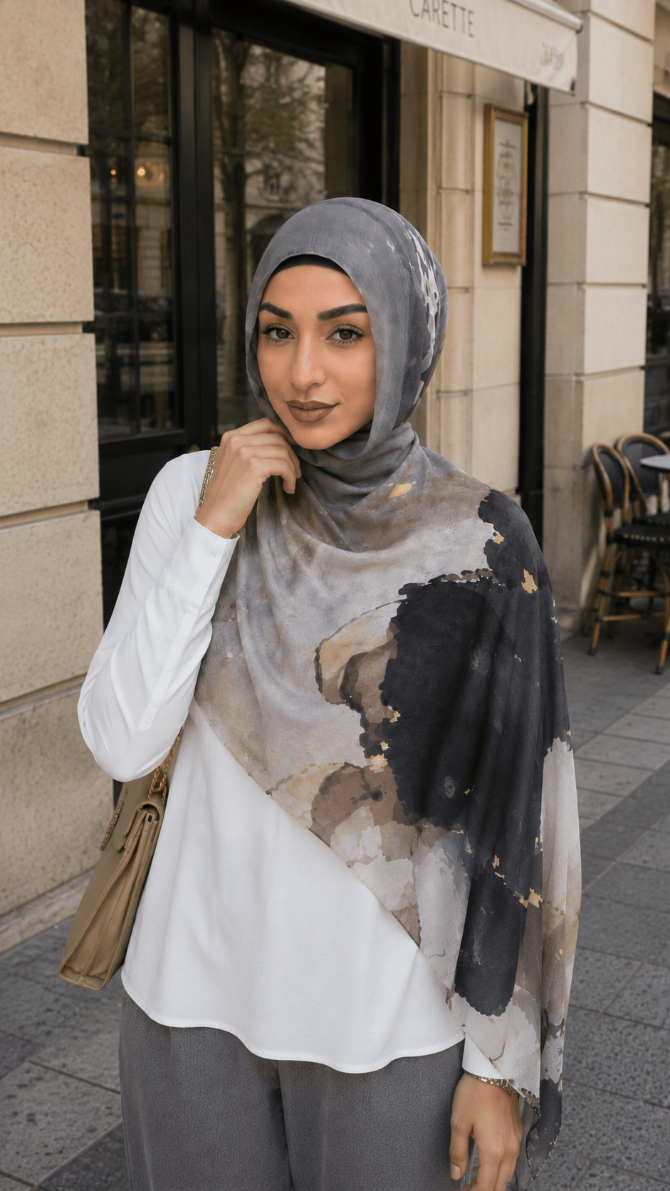 RY61 Grey Camel Black Ink Splash Ombre Hijab Shawl – Abstract Watercolor Women's Head Scarf (80×180cm) - Raya