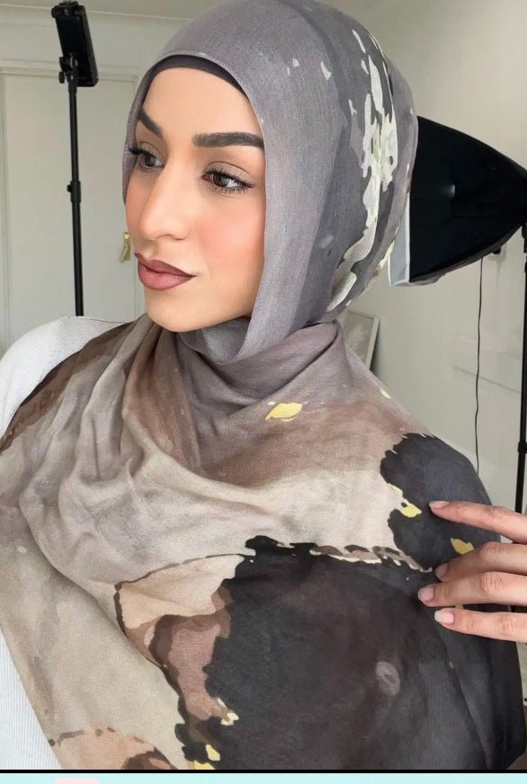 RY61 Grey Camel Black Ink Splash Ombre Hijab Shawl – Abstract Watercolor Women's Head Scarf (80×180cm) - Raya