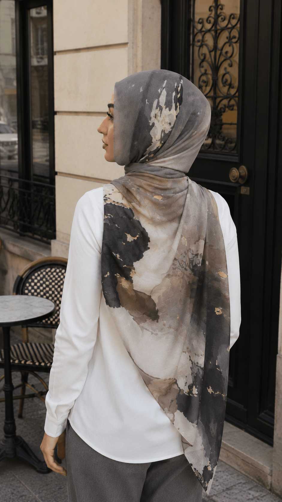 RY61 Grey Camel Black Ink Splash Ombre Hijab Shawl – Abstract Watercolor Women's Head Scarf (80×180cm) - Raya