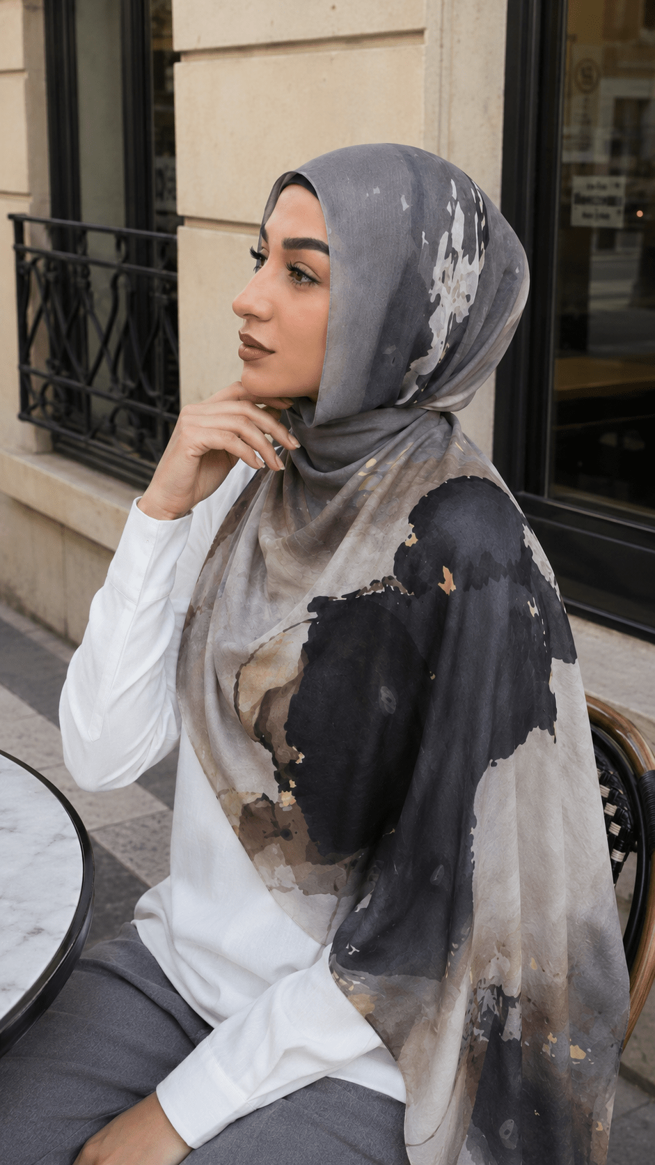 RY61 Grey Camel Black Ink Splash Ombre Hijab Shawl – Abstract Watercolor Women's Head Scarf (80×180cm) - Raya