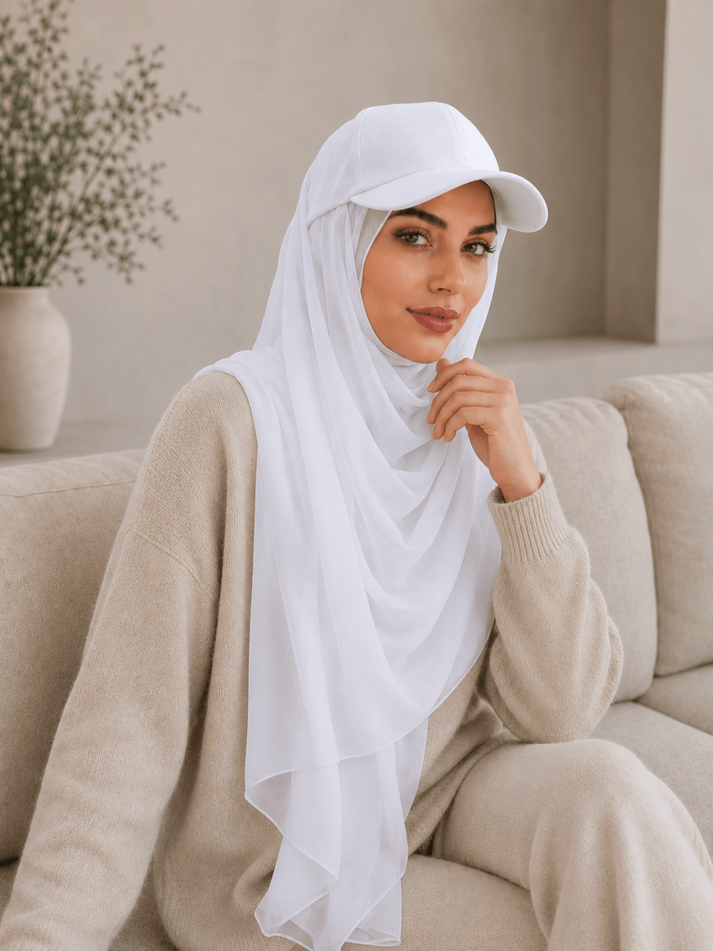 RY610 White Hat Brim Chiffon Hijab – Women's Baseball Cap Style Ready To Wear Headscarf - Raya