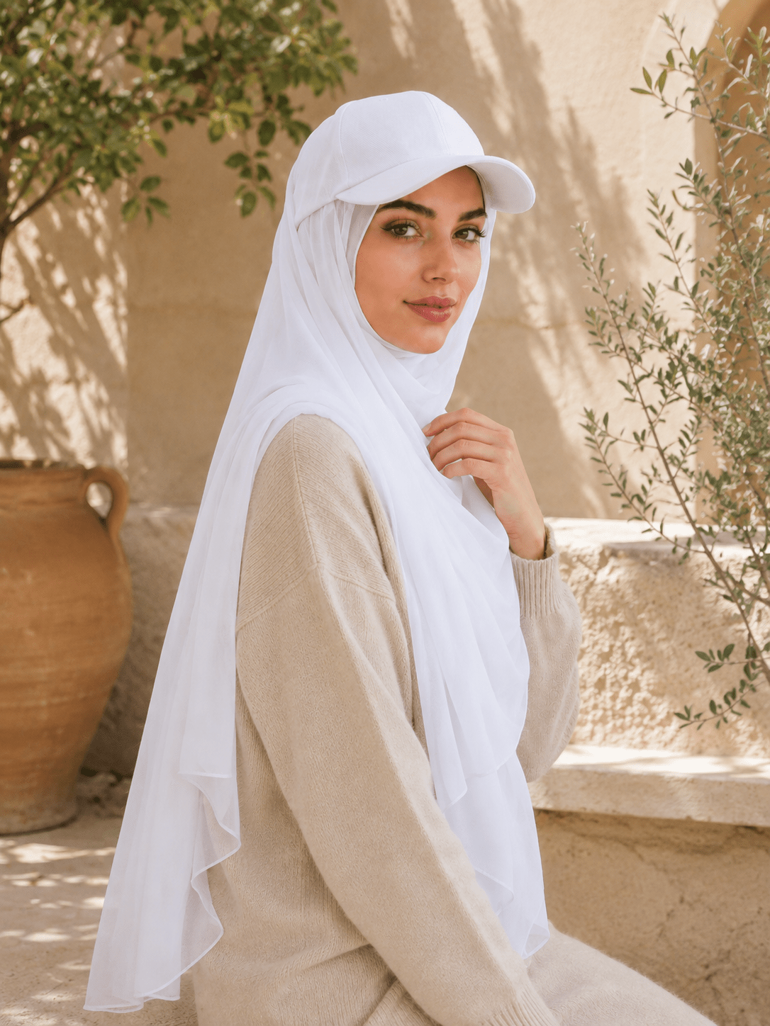 RY610 White Hat Brim Chiffon Hijab – Women's Baseball Cap Style Ready To Wear Headscarf - Raya