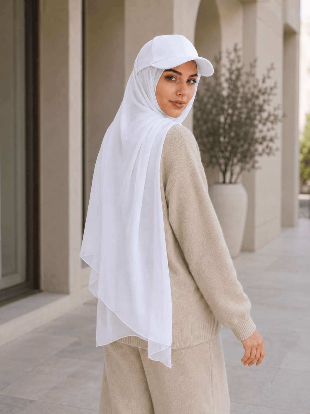 RY610 White Hat Brim Chiffon Hijab – Women's Baseball Cap Style Ready To Wear Headscarf - Raya