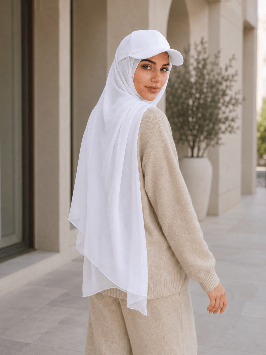 RY610 White Hat Brim Chiffon Hijab – Women's Baseball Cap Style Ready To Wear Headscarf - Raya