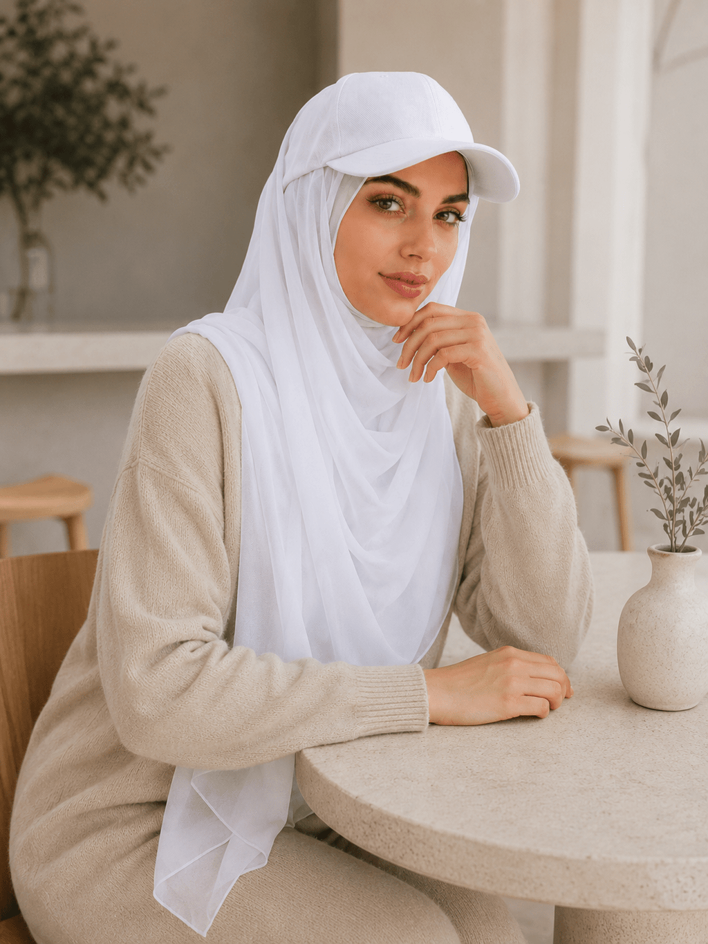RY610 White Hat Brim Chiffon Hijab – Women's Baseball Cap Style Ready To Wear Headscarf - Raya