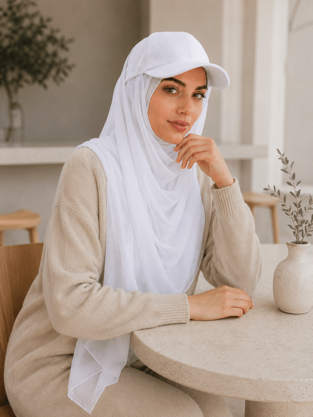 RY610 White Hat Brim Chiffon Hijab – Women's Baseball Cap Style Ready To Wear Headscarf - Raya