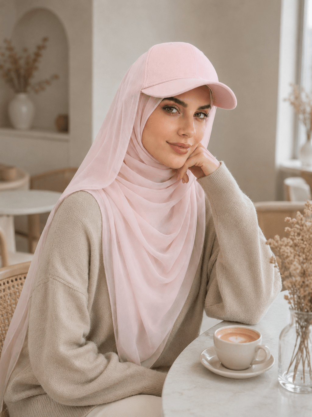 RY611 Light Pink Hat Brim Chiffon Hijab – Women's Baseball Cap Style Ready To Wear Headscarf - Raya