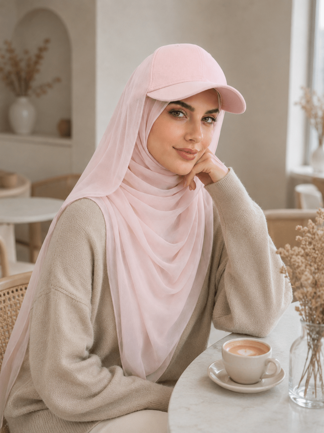 RY611 Light Pink Hat Brim Chiffon Hijab – Women's Baseball Cap Style Ready To Wear Headscarf - Raya