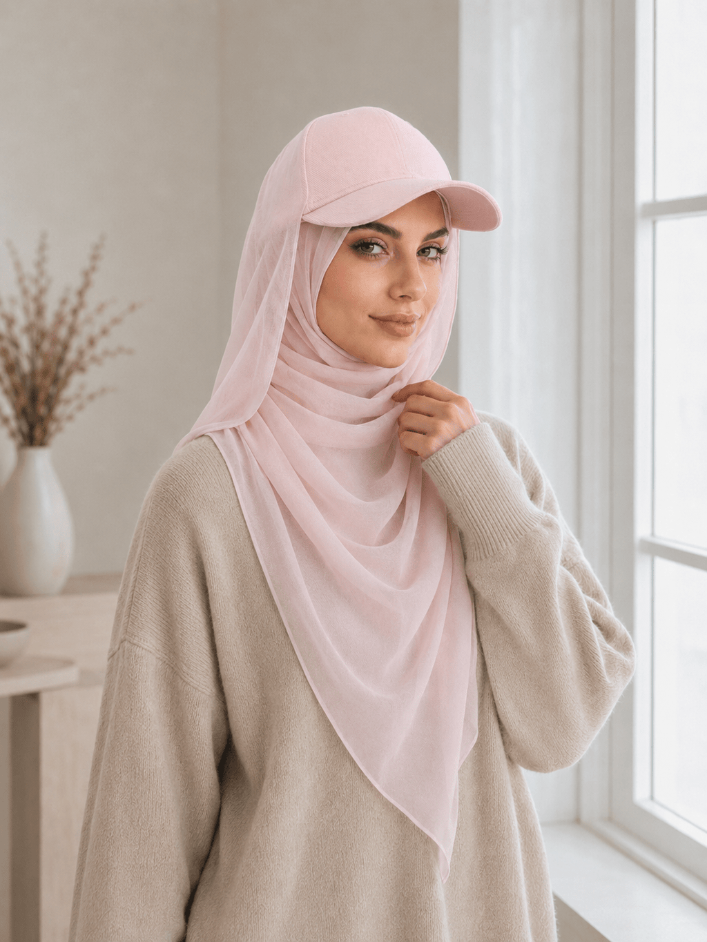 RY611 Light Pink Hat Brim Chiffon Hijab – Women's Baseball Cap Style Ready To Wear Headscarf - Raya