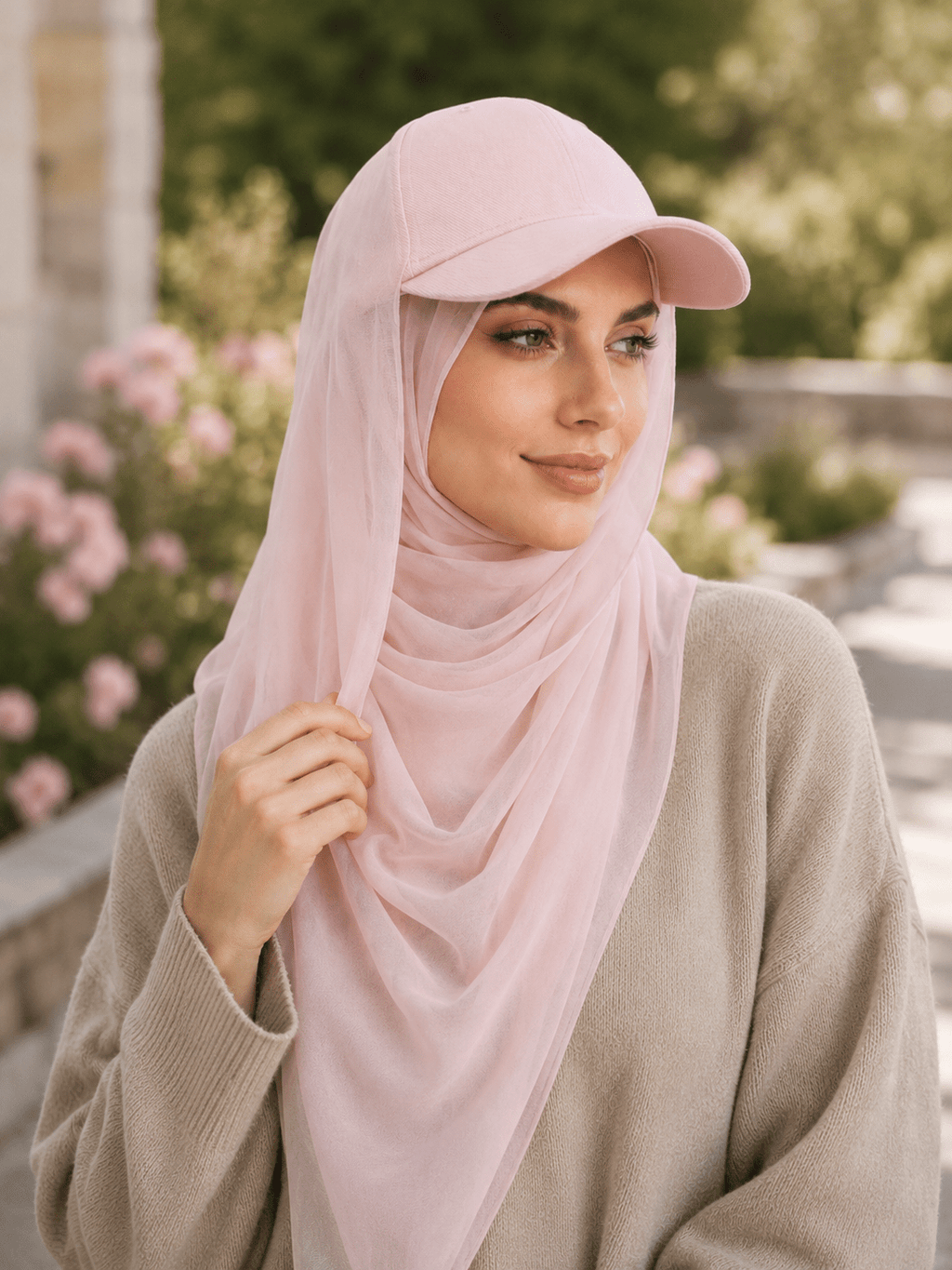 RY611 Light Pink Hat Brim Chiffon Hijab – Women's Baseball Cap Style Ready To Wear Headscarf - Raya