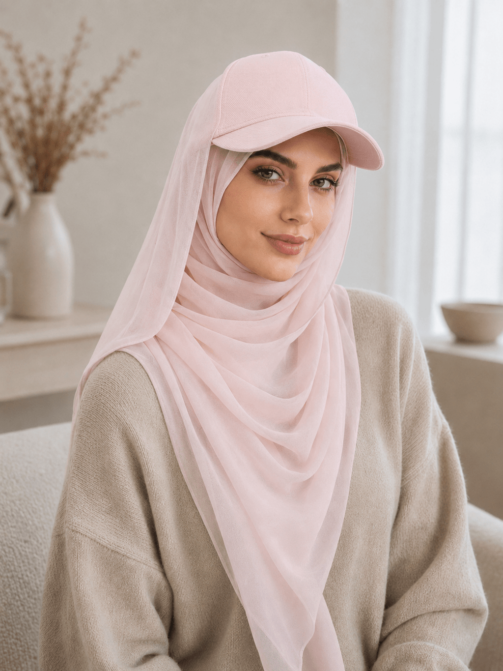 RY611 Light Pink Hat Brim Chiffon Hijab – Women's Baseball Cap Style Ready To Wear Headscarf - Raya