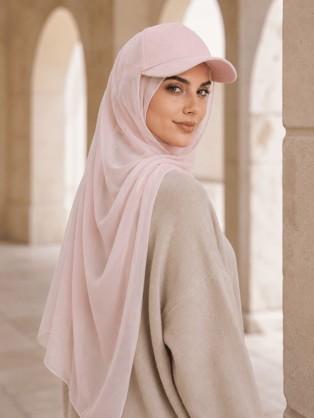 RY611 Light Pink Hat Brim Chiffon Hijab – Women's Baseball Cap Style Ready To Wear Headscarf - Raya