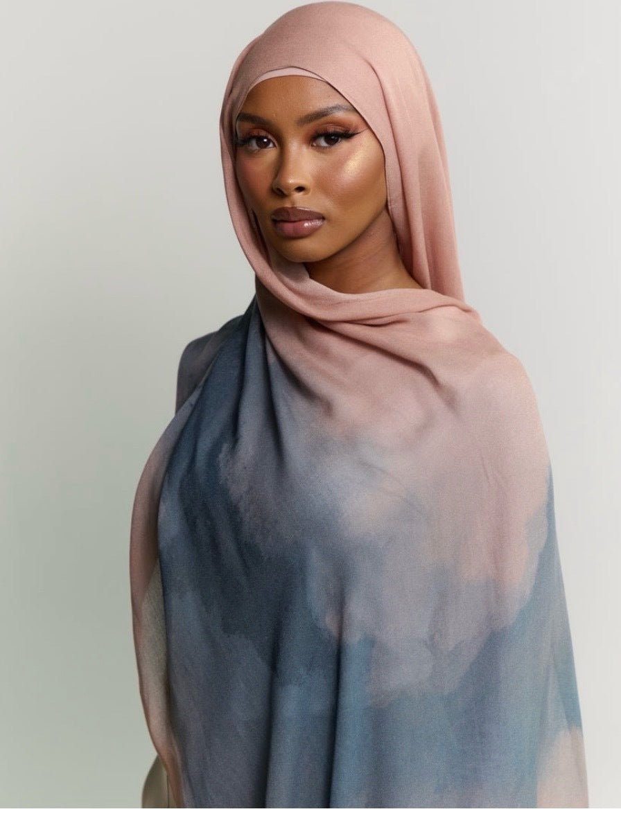 RY63 Rose Pink to Slate Blue Ombre Hijab Shawl – Watercolor Gradient Women's Head Scarf (80×180cm) - Raya
