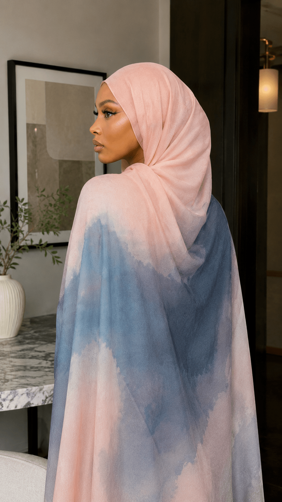 RY63 Rose Pink to Slate Blue Ombre Hijab Shawl – Watercolor Gradient Women's Head Scarf (80×180cm) - Raya