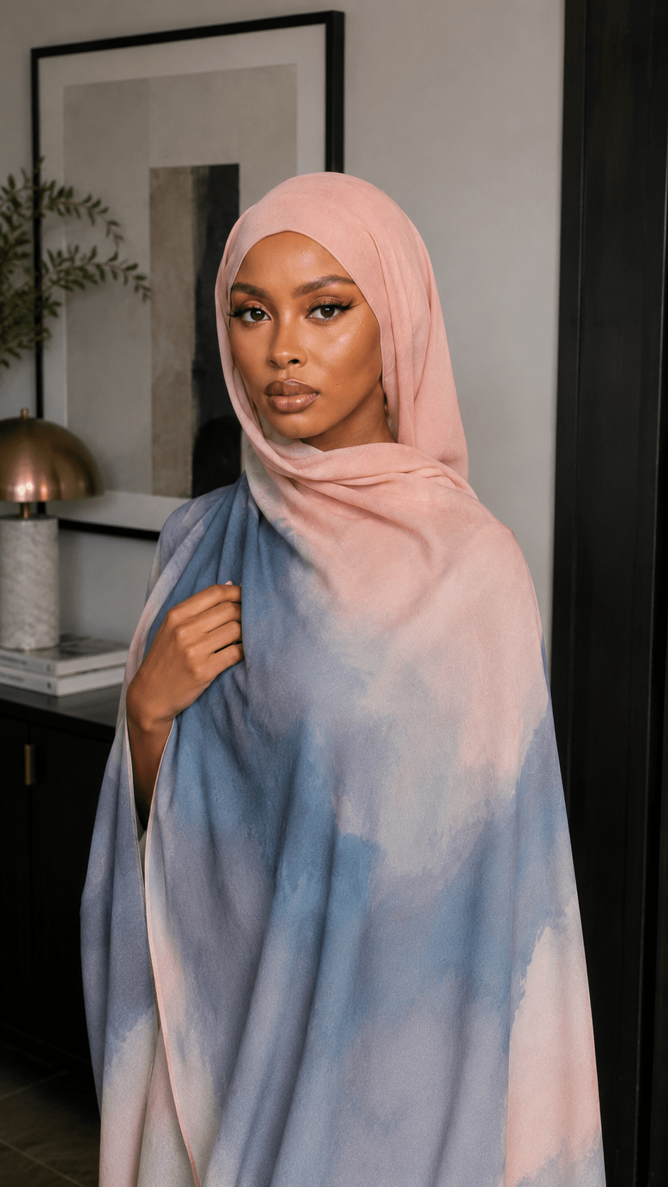 RY63 Rose Pink to Slate Blue Ombre Hijab Shawl – Watercolor Gradient Women's Head Scarf (80×180cm) - Raya