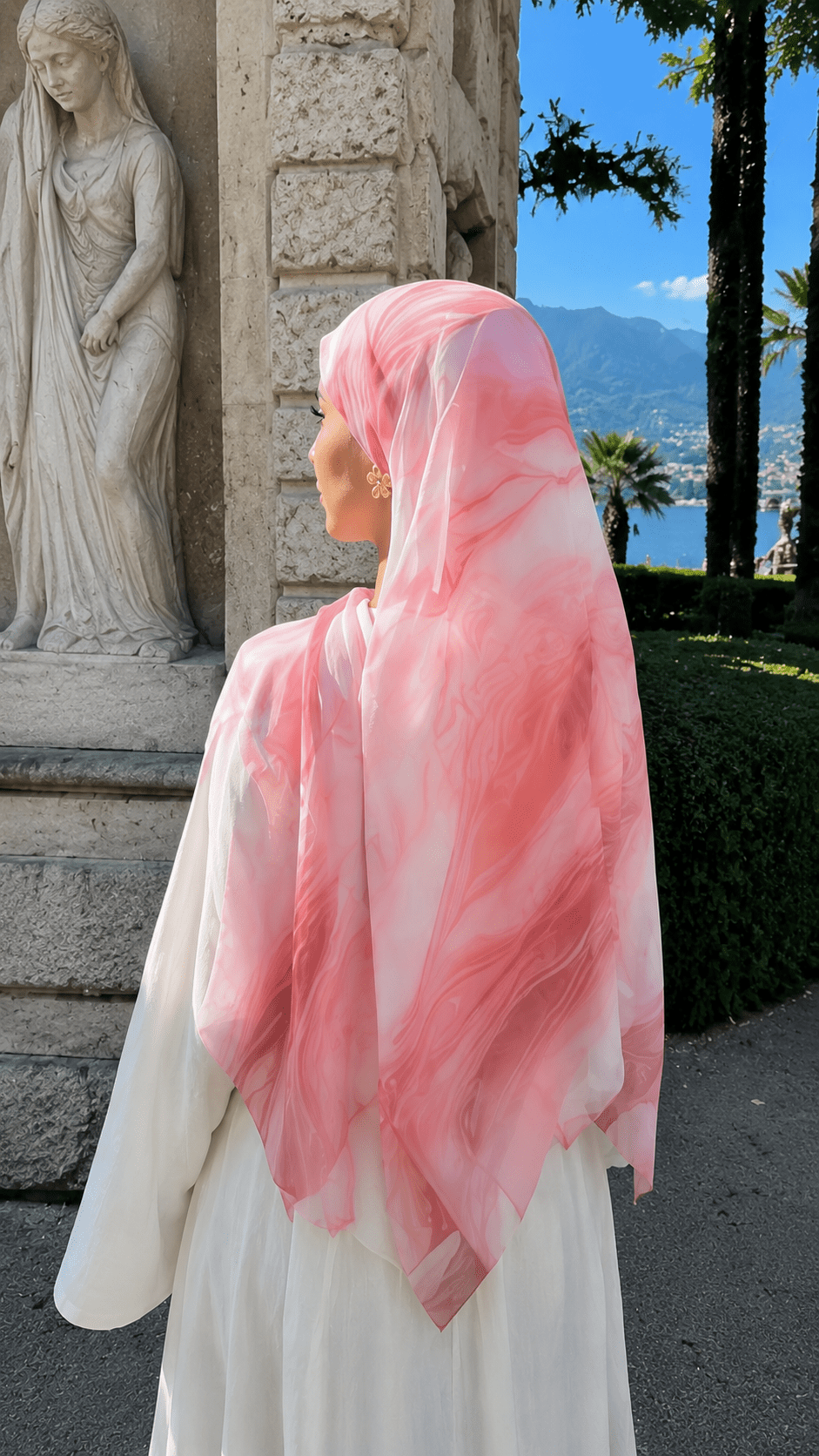 RY65 Coral Pink White Marble Flow Hijab Shawl – Rose Watercolor Women's Head Scarf (80×180cm) - Raya