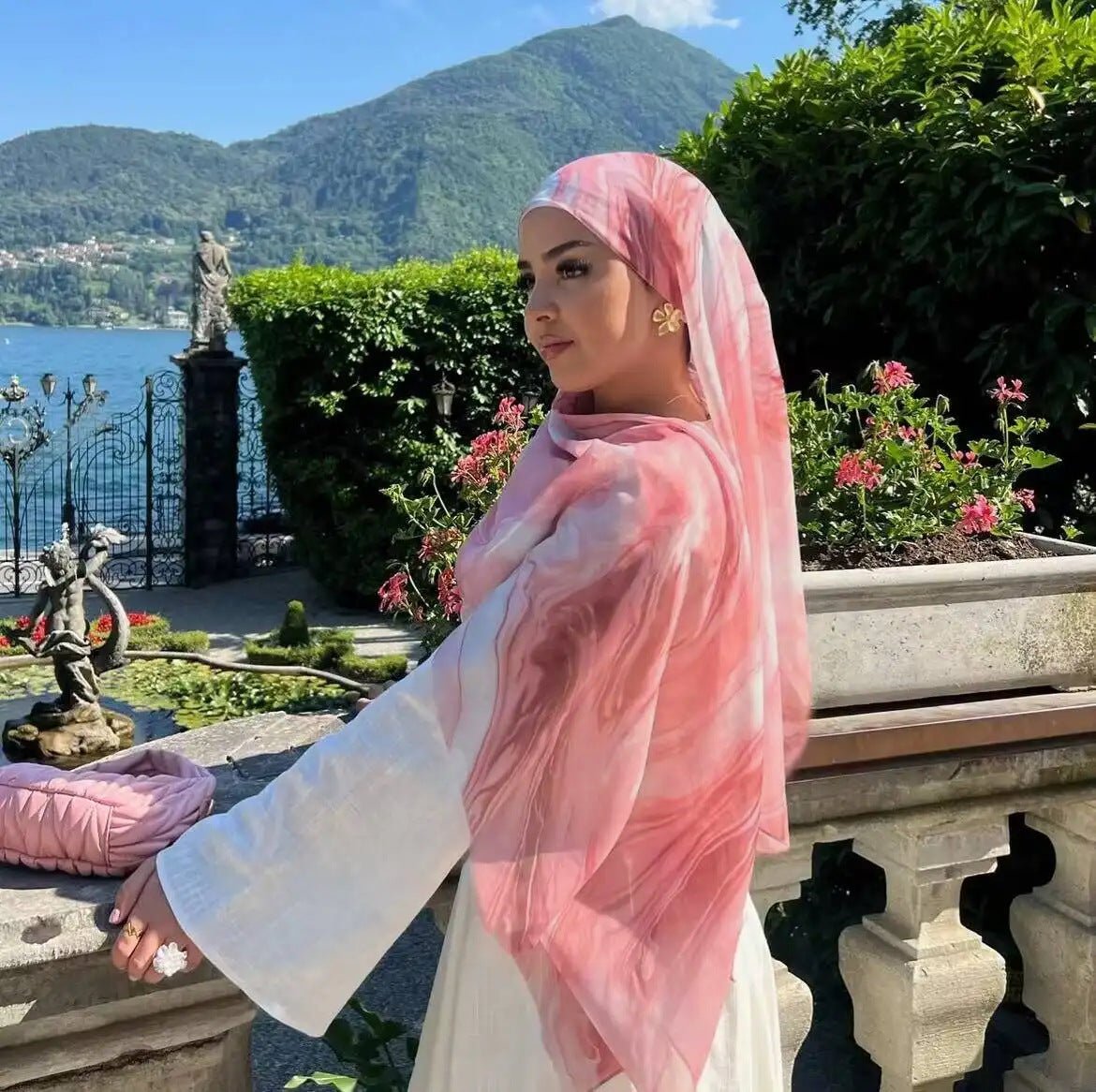 RY65 Coral Pink White Marble Flow Hijab Shawl – Rose Watercolor Women's Head Scarf (80×180cm) - Raya