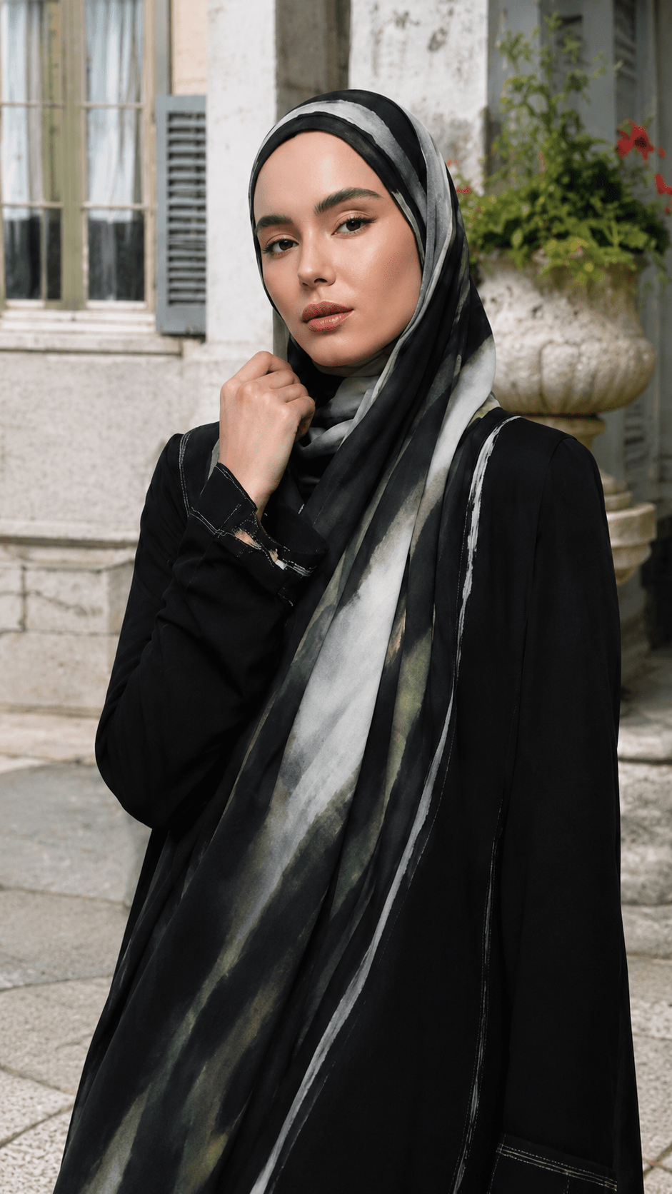 RY66 Black Olive Green Grey Brushstroke Hijab Shawl – Abstract Oil Paint Women's Head Scarf (80×180cm) - Raya