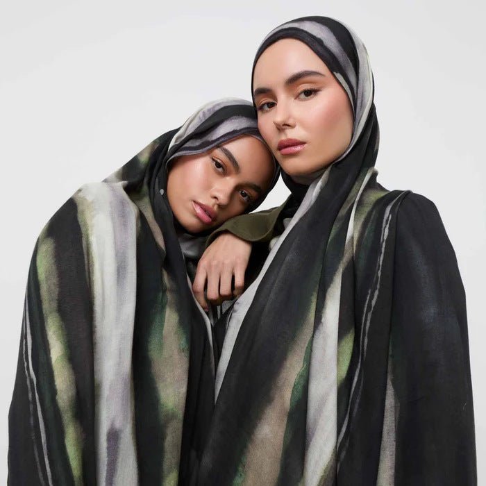 RY66 Black Olive Green Grey Brushstroke Hijab Shawl – Abstract Oil Paint Women's Head Scarf (80×180cm) - Raya
