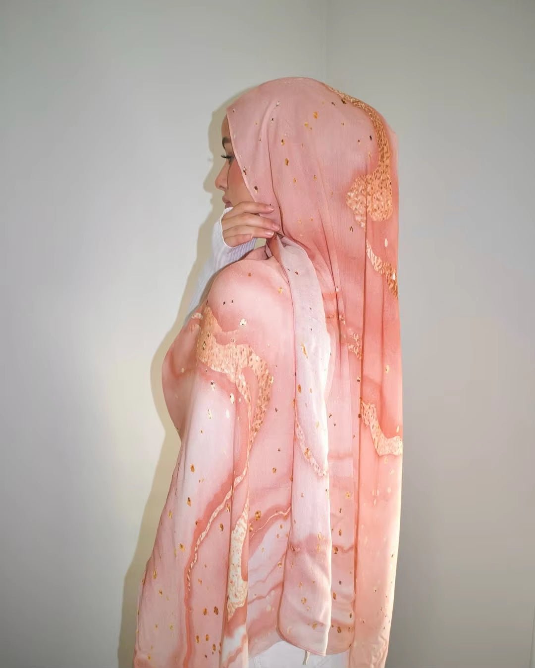 RY67 Blush Pink Rose Gold Foil Marble Hijab Shawl – Stardust Watercolor Women's Head Scarf (80×180cm) - Raya