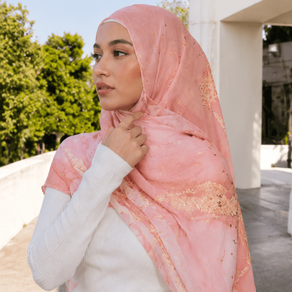 RY67 Blush Pink Rose Gold Foil Marble Hijab Shawl – Stardust Watercolor Women's Head Scarf (80×180cm) - Raya