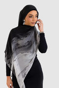RY69 Black to White Marble Ink Flow Hijab Shawl – Storm Watercolor Women's Head Scarf (80×180cm) - Raya