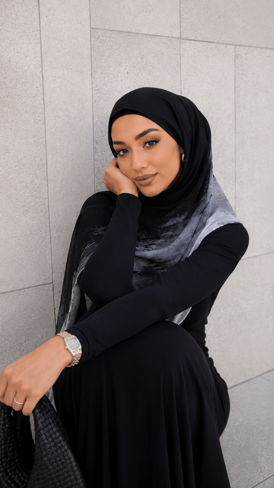 RY69 Black to White Marble Ink Flow Hijab Shawl – Storm Watercolor Women's Head Scarf (80×180cm) - Raya