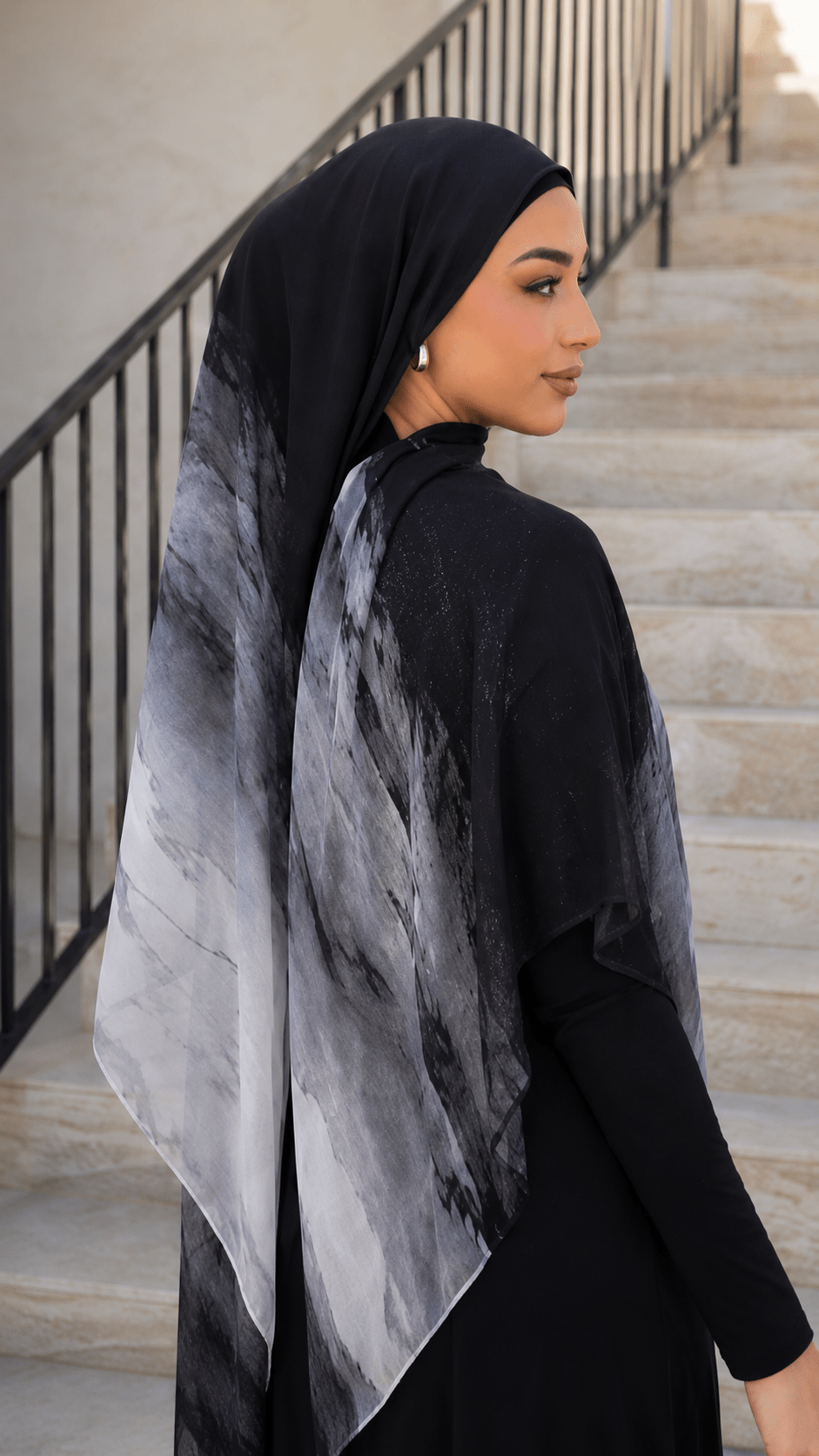 RY69 Black to White Marble Ink Flow Hijab Shawl – Storm Watercolor Women's Head Scarf (80×180cm) - Raya