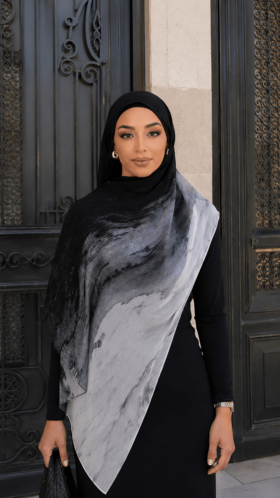 RY69 Black to White Marble Ink Flow Hijab Shawl – Storm Watercolor Women's Head Scarf (80×180cm) - Raya