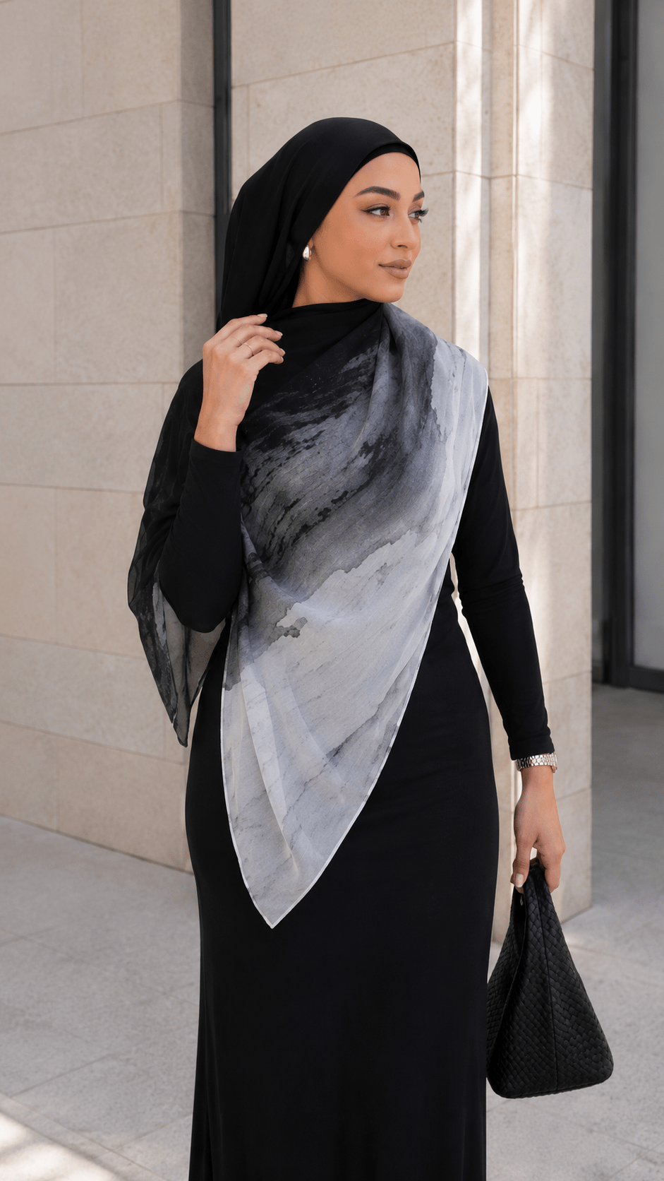 RY69 Black to White Marble Ink Flow Hijab Shawl – Storm Watercolor Women's Head Scarf (80×180cm) - Raya