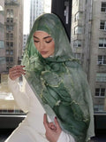 RY70 Moss Green Gold Leaf Vein Tropical Hijab Shawl – Botanical Watercolor Women's Head Scarf (80×180cm) - Raya